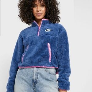Nike Blue Teddy Sherpa Fleece Cropped Half Zip Jacket with Pink Accents L